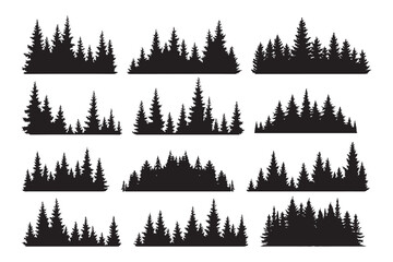 Silhouette of Forest of Christmas fir trees vector icon set illustration isolated on white background.