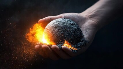 Poster - Fiery Transformation of Conceptual Egg in Hand Symbolizing Creation, Power, and Change with Sparkling Light and Dynamic Texture in Dark Environment