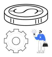 Poster - large coin, gear, and man holding lightbulb for innovation, finance, and problem-solving. ideal for 