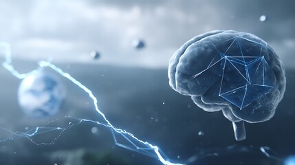 Poster - digital brain with geometric network and electric activity over abstract blurred terrainscape.