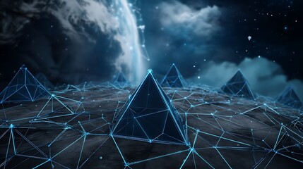 Poster - Digital Frontier with Interconnected Pyramids in a Cosmic Landscape Illuminated by Cyberpunk Lights.