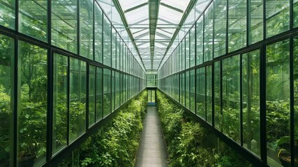 Glass greenhouse corridor with lush green plants and natural sunlight