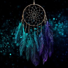 Poster - Dreamcatcher with Feathers Night Sky Background Artistic Colorful Design Detailed Intricate Pattern.