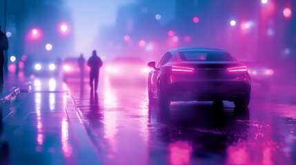 Poster - The urban environment is set at night with a street scene of cars, fog, and neon lights shining on wet pavement