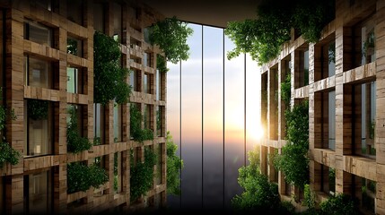 Poster - Eco Friendly Modern Architectural Structure with Greenery and Glass Facade at Sunset View.