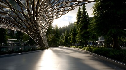 Poster - Elegant Building Facade and Green Forest View with Modern Architectural Design Elements.