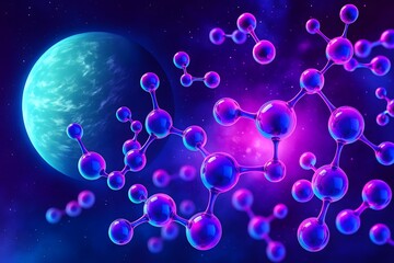 Wall Mural - Futuristic molecules float in deep space with a distant planet in the background. Sci-fi themed digital illustration representing chemistry, atoms, or energy.