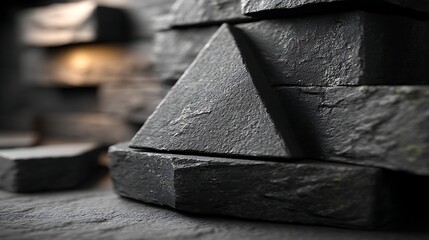 Poster - Elegant Dark Gray Stone Pyramids Arrangement on Textured Surface Detailed Macro Still Life.