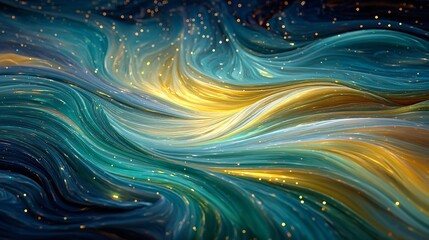 abstract backdrop with gold, turquoise, and blue shapes whirling. impressionist dreamscapes with gal