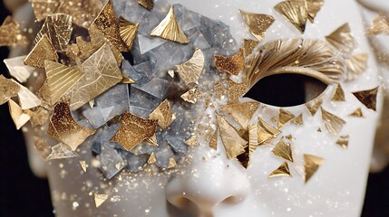 Poster - Elegant Mask with Golden and Gray Triangles Artistic Design with Intriguing Eye Detail Showcase.