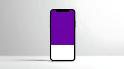 Poster - elegant smartphone displaying purple and white screen on modern tabletop surface for technology mock