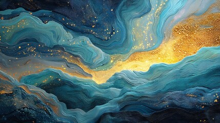 Abstract backdrop with gold, turquoise, and blue shapes whirling. Impressionist dreamscapes with galaxy components, cosmic mystical celestial bodies, and night skies. Generative Ai