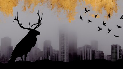 Poster - Elk Silhouette Against Skyline in Foggy Landscape With Birds Amidst Golden Overlay Design.