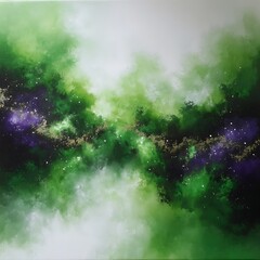 Poster - emerald and amethyst nebula cloudscape dreamy abstract art with golden accents and cosmic dust textu