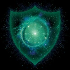 Poster - emerald green shield with ethereal light and cosmic dust abstract digital art illustration