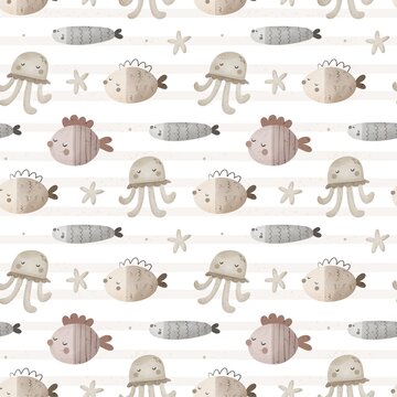 undersea seamless pattern with cartoon fish, jellyfish, starfish. Colorful illustration flat for kids. hand drawing. baby design for fabric, print, wrapped, text