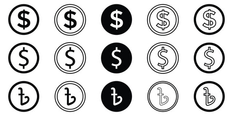 simple set of black and gold dollar coins, in both filled and outlined variations. vector illustrati