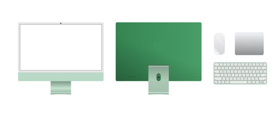 Wall Mural - Vector illustration of computer devices including desktop PC, keyboard, and mouse. Ideal for tech presentations, IT services, digital workspace designs, and electronic device infographics.