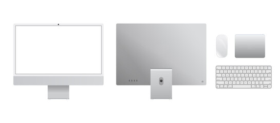Wall Mural - Vector illustration of computer devices including desktop PC, keyboard, and mouse. Ideal for tech presentations, IT services, digital workspace designs, and electronic device infographics.
