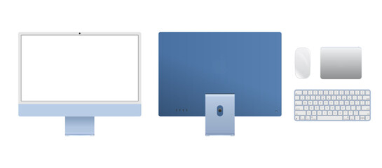 Wall Mural - Vector illustration of computer devices including desktop PC, keyboard, and mouse. Ideal for tech presentations, IT services, digital workspace designs, and electronic device infographics.