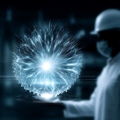 Poster - Energy Sphere Held by Technician Wearing Protective Mask in Advanced Futuristic Laboratory