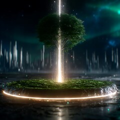 Wall Mural - enigmatic tree shrouded in radiant light on mossy plateau amidst futuristic cityscape.