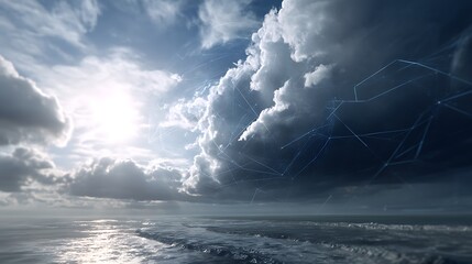Poster - ethereal cloudscape over ocean horizon with complex network of data connections interwoven within sk