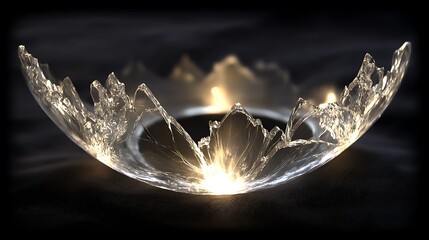 Poster - ethereal crystal bowl radiating light with abstract reflections in a dark mysterious scene.