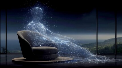 Poster - ethereal figure emerges from chair in serene room with futuristic digital aesthetic design.