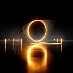 Poster - Golden Portal: A Mesmerizing 3D Render of a Luminous Ring with Reflective Surface and Dark Background