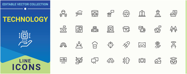 Fototapete - Set of Technology line icon. Included science, cyber, future, automation, artificial, device, digital and more. Future Technology icon set. Modern thin line style icons. Editable vector illustration.
