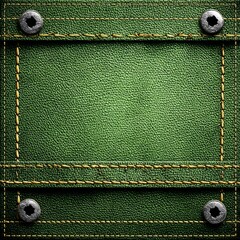 Poster - Green Stitched Leather Patch with Metal Fasteners: A textured background of craftsmanship and rustic design appeal.