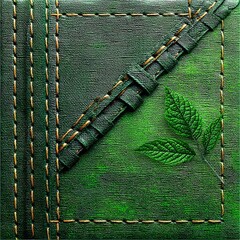 Poster - Green Textured Fabric Detail with Stitching, Weave, and Botanical Accent: A Close-Up View