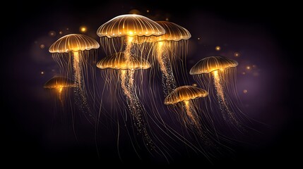 Wall Mural - ethereal glowing jellyfish cluster in dark ocean depths dreamlike bioluminescent creatures fantasy.