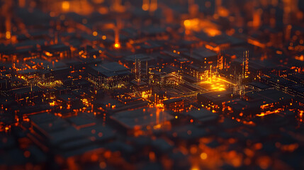 Fototapete - Digital Cityscape: Glowing Circuits & Structures
