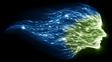 Poster - ethereal mindscape blue to green glowing lines in human profile silhouette on black backdrop.