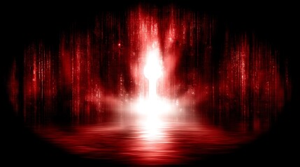 Poster - ethereal red cascade reflecting on water surface mysterious ambience glowing brightness and depth.