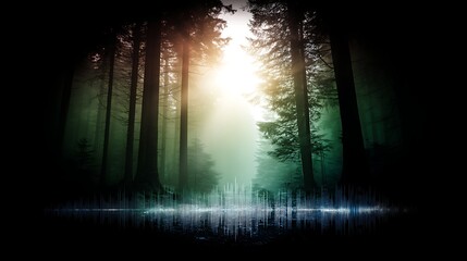 Poster - Ethereal Soundscape Visualized A Forest Symphony Represented Through Sound Wave Forms.