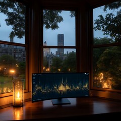 Poster - Evening Light on Display a Window View Cityscape with Candle Reflections and Tech Screen Illumination.