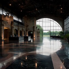 Poster - Expansive Industrial Venue with Marble Floor and Grand Arch Windows for Event Gatherings.