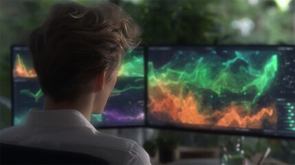 Poster - Financial Analyst Reviews Market Data Streams Across Multiple Computer Screens in a Home Office Setting