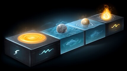Poster - Four Cubes Depicting Earth Water Air Fire Elements Concept Representation Graphic Illustration.