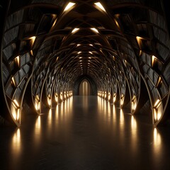 Poster - Futuristic Architectural Tunnel with Ornate Vaulted Ceiling and Warm Glowing Lights Interior View.