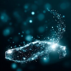 Poster - futuristic automotive design with dotted polygonal mesh and gleaming light streaks on dark backdrop.