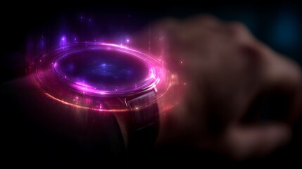 Poster - futuristic glowing smartwatch display on person's wrist with tech interface overlaying the screen.
