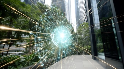 Poster - Futuristic Portal Network Emerging in Urban Cityscape Connecting Data Nodes and Transferring Information.