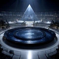 Poster - Futuristic Pyramid Reflecting in a Circular Pool Inside a Large Structure Illuminated by Light