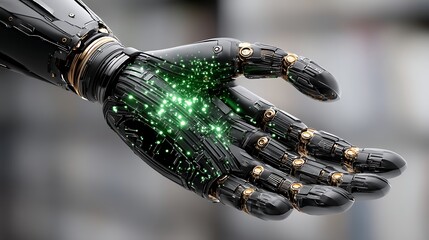 Poster - Futuristic Robotic Arm with Green Bioluminescence Circuitry and Metallic Design Elements.