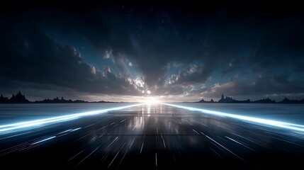 Poster - futuristic speed perspective reflective surface with starry cloudscape dynamic neon lighting.