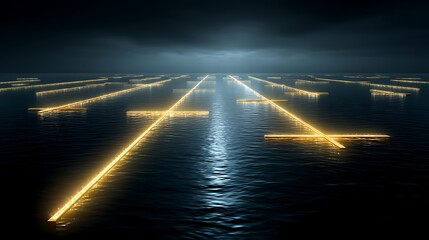 Poster - futuristic urban seascape at night illuminating water with geometric patterns and reflection.